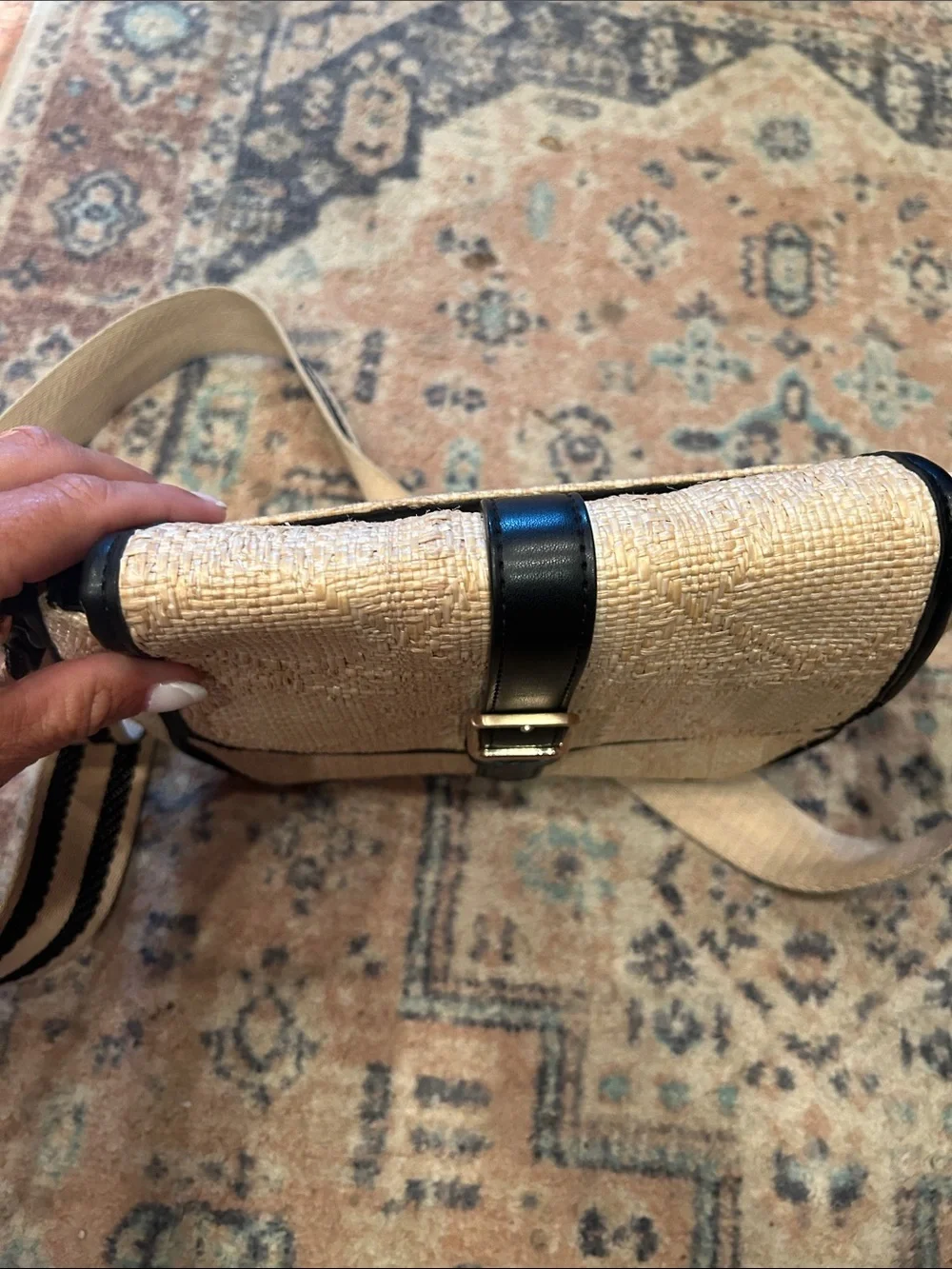 Neutral Woven Crossbody Bag with Black Trim and Striped Strap
